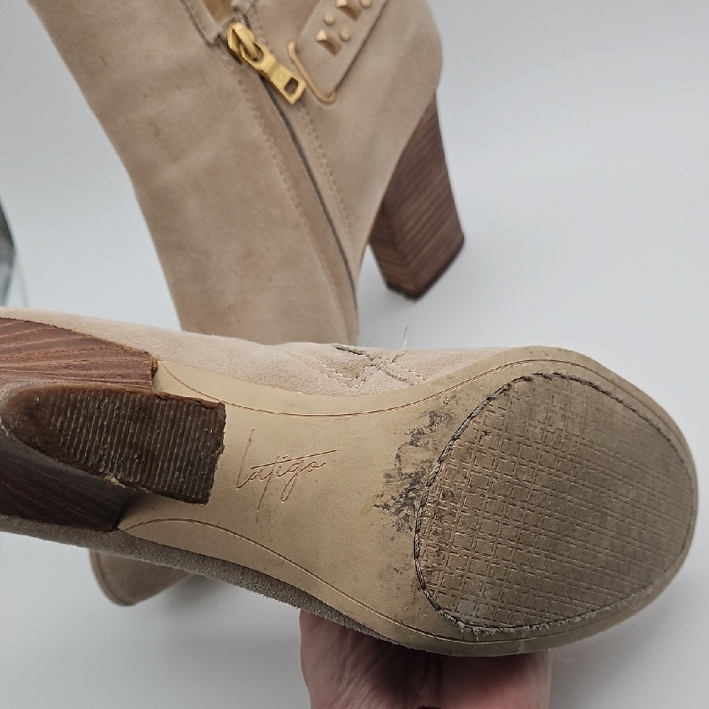 Latigo Beige Suede Ankle Boots with Gold Accents - Picture 2 of 4